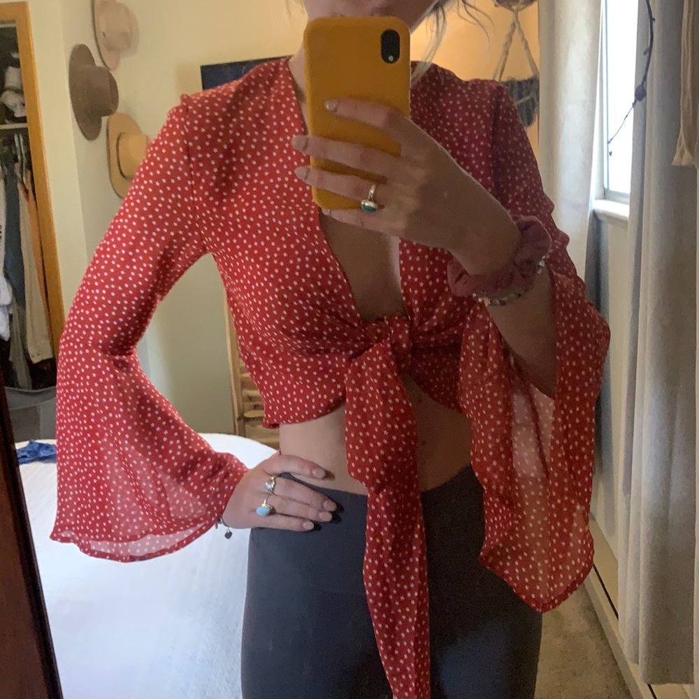 Red star tie blouse